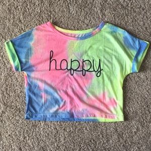 Neon tie dye “Happy” crop top